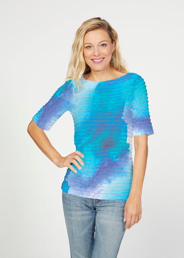 Galaxy Blue (14311) ~ Banded Elbow Sleeve Boat Neck Top