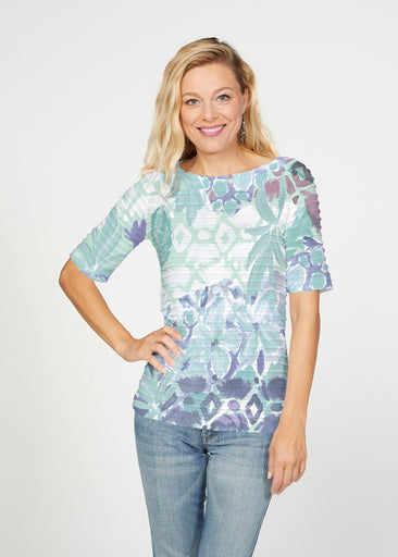 Bali Minty Blue (17291) ~ Banded Elbow Sleeve Boat Neck Top