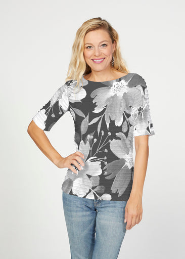 Festive Bloom Black (8174) ~ Banded Elbow Sleeve Boat Neck Top