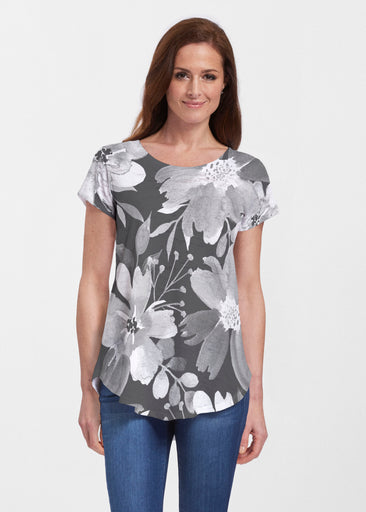 Festive Bloom Black (8174) ~ Short Sleeve Scoop Neck Flowy Tunic