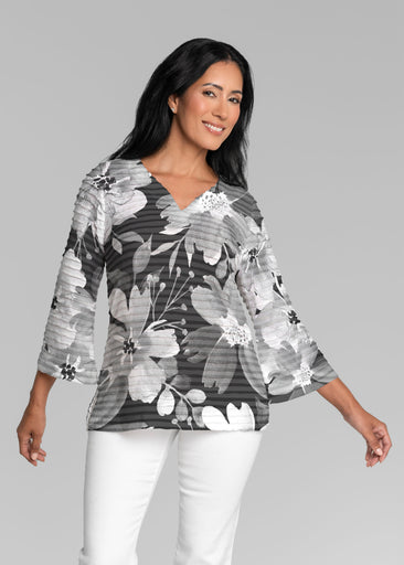 Festive Blooms Black (8174) ~ Banded 3/4 Bell-Sleeve V-Neck Tunic