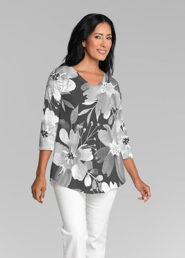 Festive Bloom Black (8174) ~ V-neck Flowy Tunic