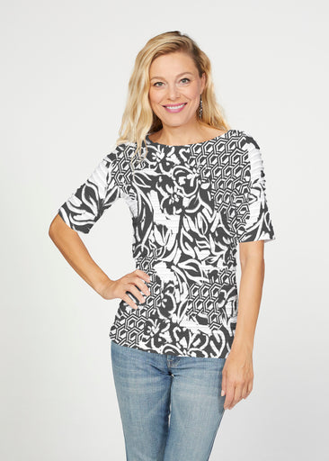 Brookie Black (8177) ~ Banded Elbow Sleeve Boat Neck Top