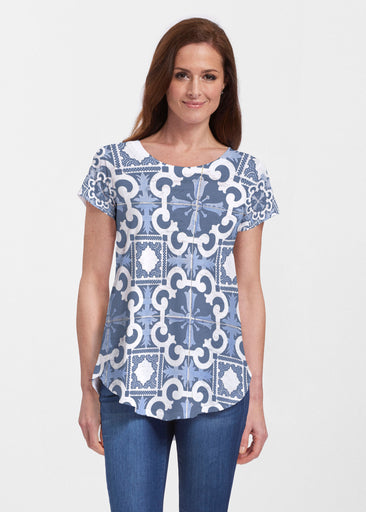 Portuguese Blue (25004) ~ Signature Short Sleeve Scoop Neck Flowy Tunic